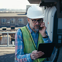 a commercial roof inspector on a flat roof talking on a phone while looking at his tablet